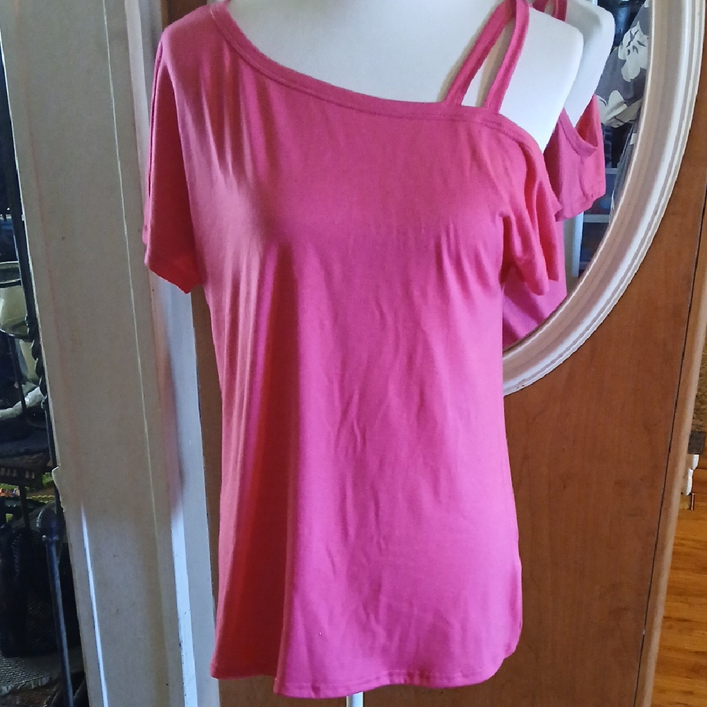 Pink Asymmetrical Cut Out Short Sleeve Blouse